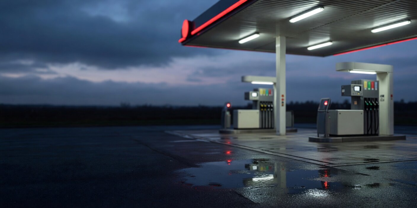 Borne de sécurité TPLH sur piste de station-service à la tombée de la nuit